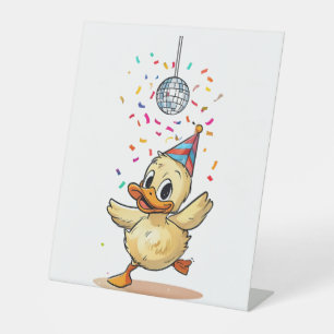 Duckling Dancing Under Disco Ball with Confetti Pedestal Sign