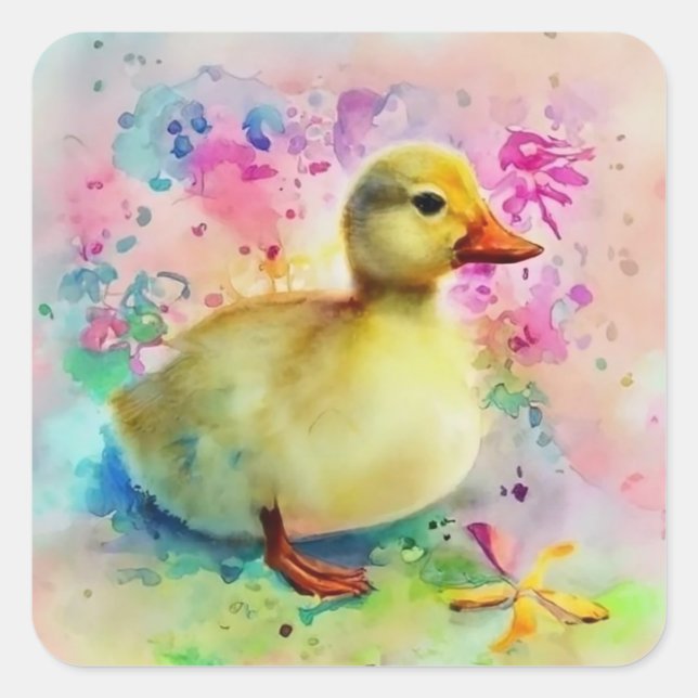 Duckling in Watercolor Square Sticker (Front)