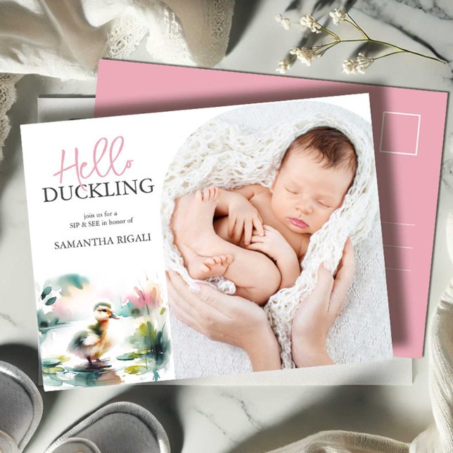 Duckling Invitations Sip and See Baby Shower Girl (Sip and see pink girl watercolor duck and photo by Victoria Grigaliunas of Do Tell A Belle)