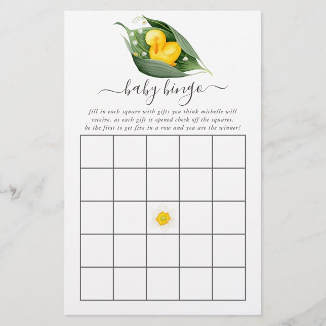 Duckling Lilly of the Valley Baby Shower Bingo (Front)