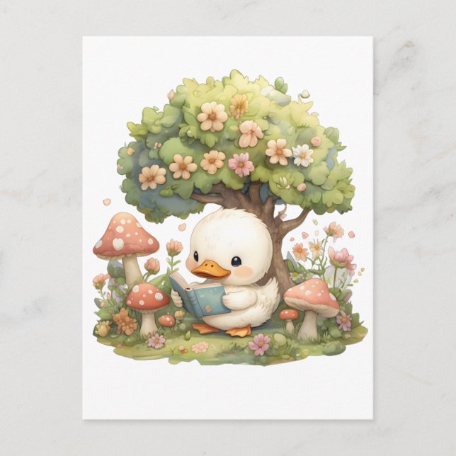 Duckling Reading Under a Tree – Whimsical and Rela Postcard (Front)