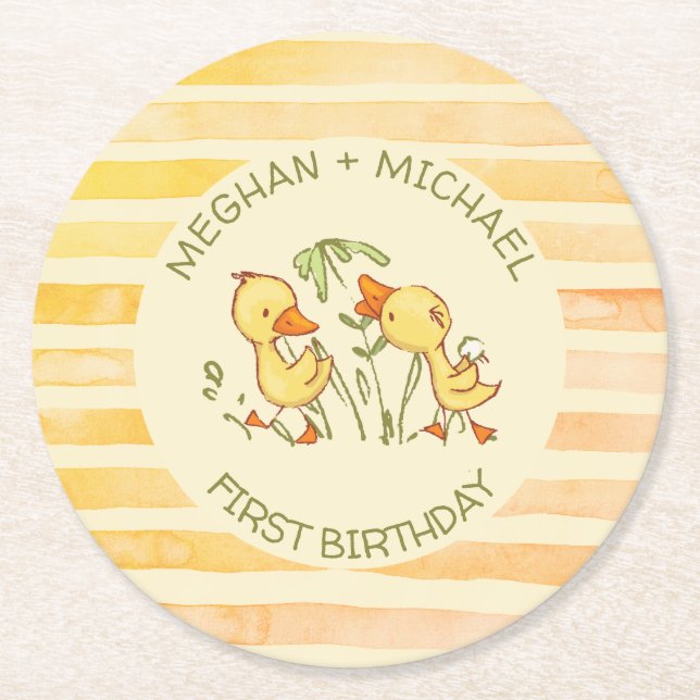 Duckling Twins First Birthday Party Round Paper Coaster (Front)
