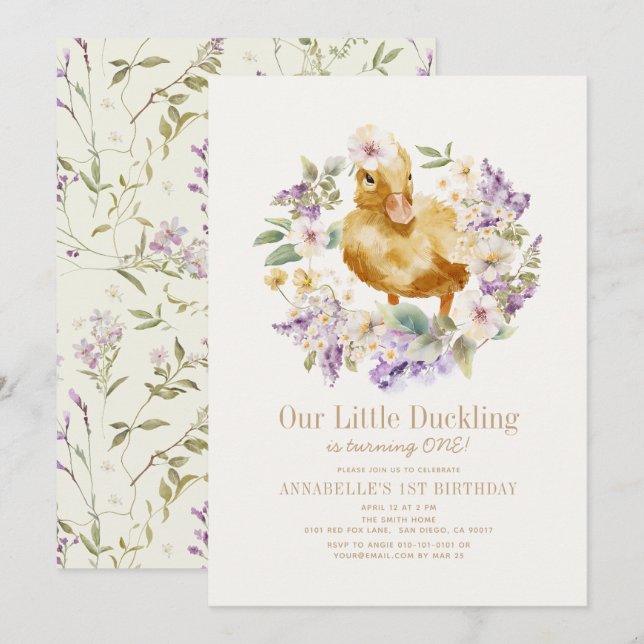 Duckling Watercolor Floral Girl 1st Birthday Invitation (Front/Back)