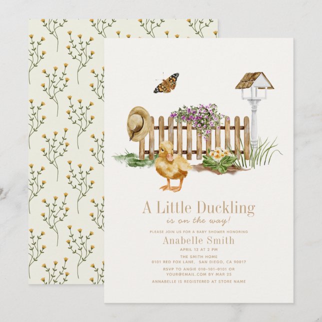 Duckling Watercolor Garden Girl Baby Shower Invitation (Front/Back)