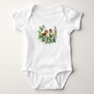 Ducklings with Daisies and Purple Flowers Baby Bodysuit