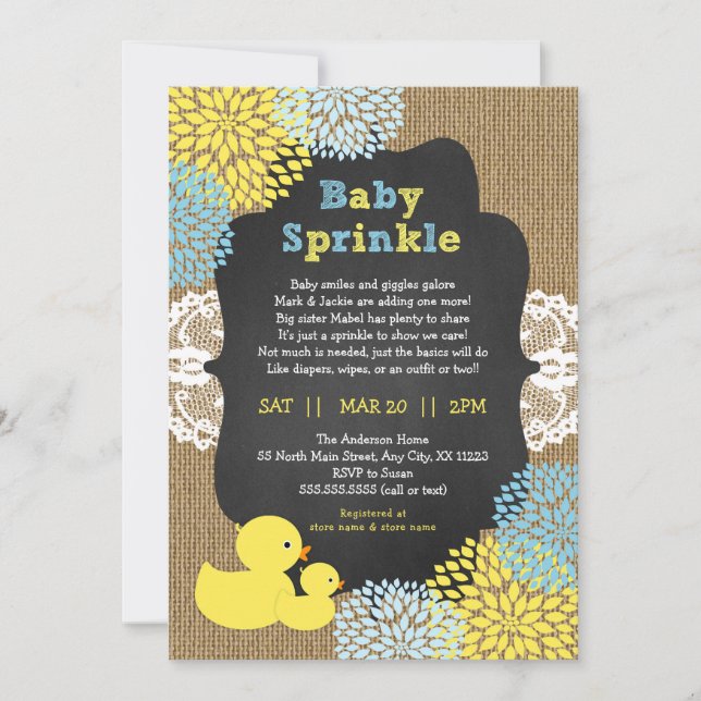 Ducks and Dahlias baby sprinkle invitation (Front)