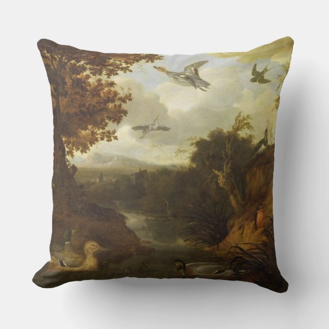 Ducks and other birds about a stream in an Italian Throw Pillow (Front)