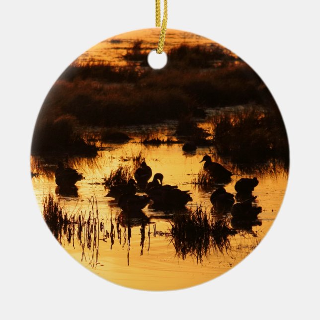 Ducks at Sunrise Ceramic Ornament (Front)
