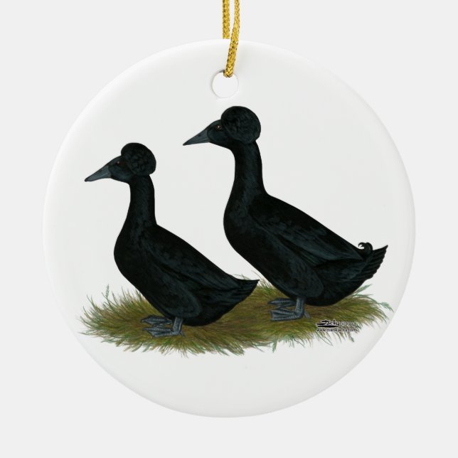 Ducks:  Black Crested Ceramic Ornament (Front)