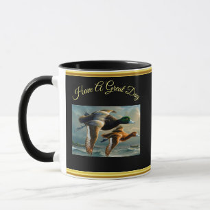 Ducks flying over the sea With a small boat below Mug
