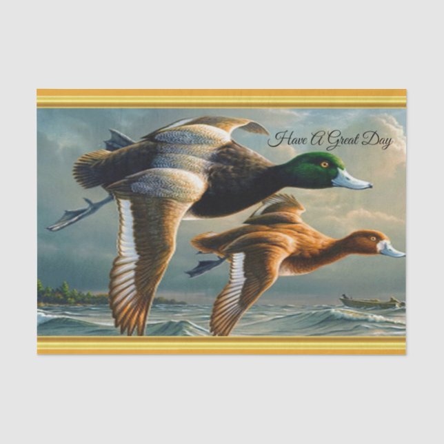 Ducks flying over the sea With a small boat below Tissue Paper (Front)