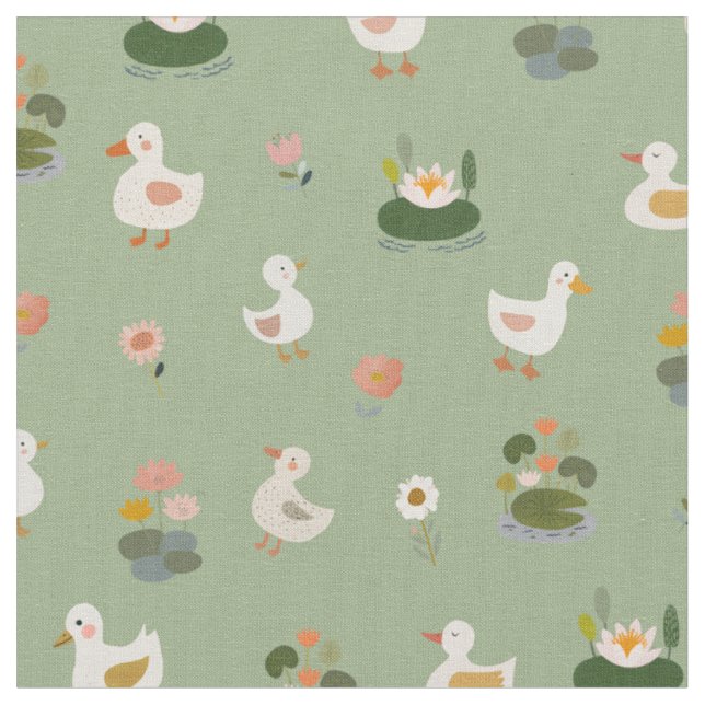 Ducks & Lily Pads on Light Green Fabric (Close Up)
