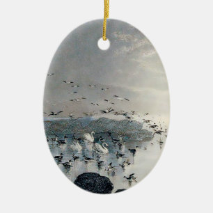 Ducks, Mallards and Swans on the lake at sunset Ceramic Ornament