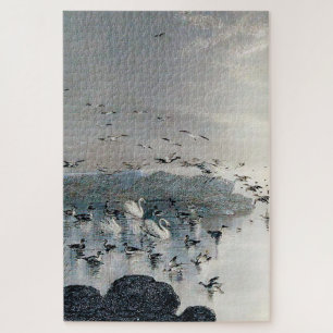 Ducks, Mallards and Swans on the lake at sunset Jigsaw Puzzle