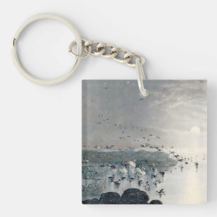 Ducks, Mallards and Swans on the lake at sunset Keychain