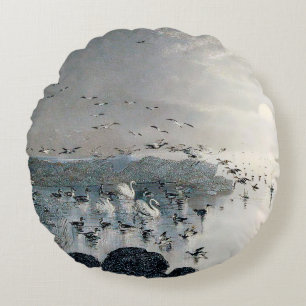 Ducks, Mallards and Swans on the lake at sunset Round Pillow