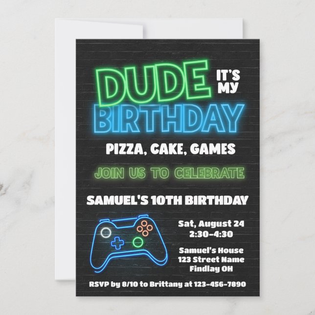 Dude It's My Birthday Pizza Cake Games Party Invitation (Front)