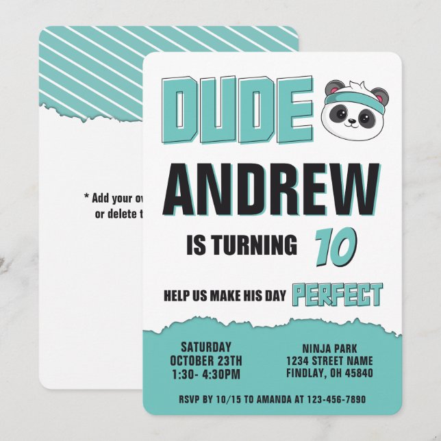 Dude Teal and Black Panda Birthday Party Invitation (Front/Back)