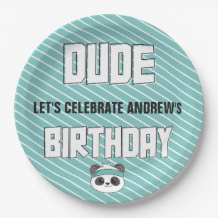 Dude Teal and Black Panda Birthday Party Paper Plate