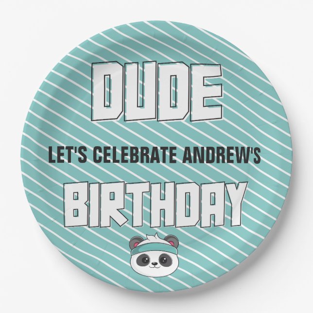 Dude Teal and Black Panda Birthday Party Paper Plate (Front)