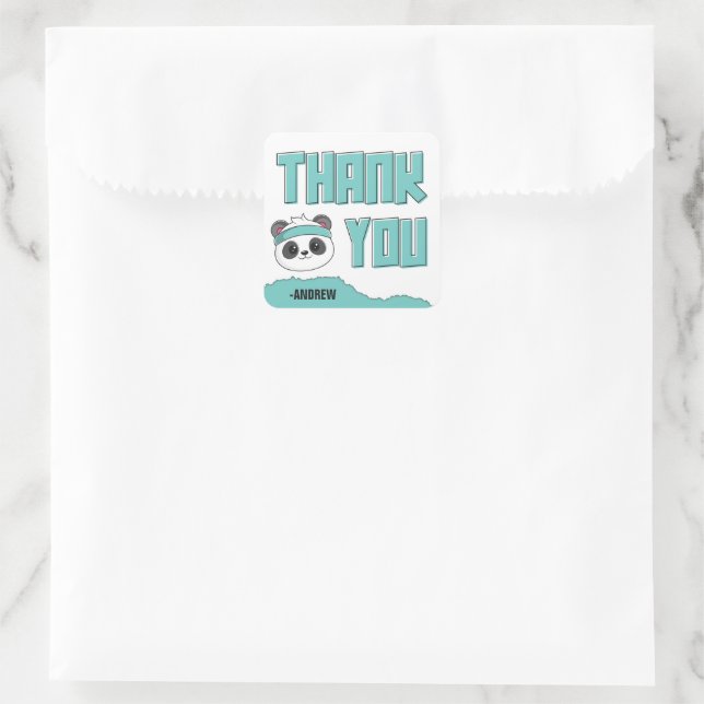 Dude Teal and Black Panda Birthday Thank You Square Sticker (Bag)