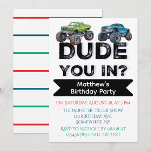 Dude You In? Black Text Truck Boy Birthday Party Invitation