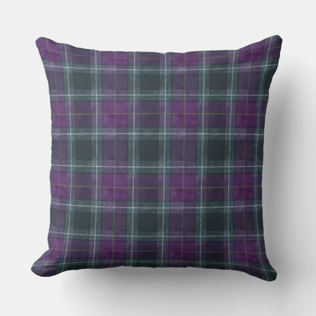 Duelling Tartans Green and Purple Throw Pillow (Front)