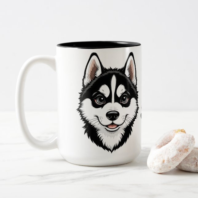 Dulce Husky Puppy Siberian Two-Tone Coffee Mug (With Donut)