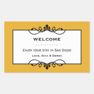 Dull gold wrought iron frame out of town gift bag sticker