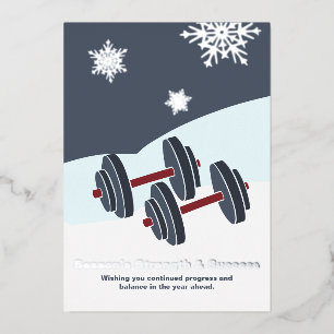Dumbbell Season's Strength & Success Grey & White Foil Holiday Card