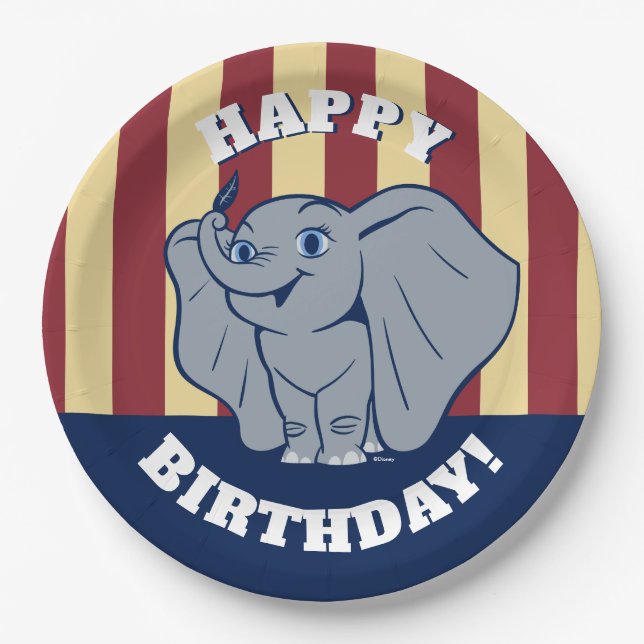 Dumbo | Cartoon Dumbo Holding Up Feather Paper Plate (Front)