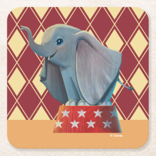 Dumbo Smiling Atop Circus Podium Square Paper Coaster