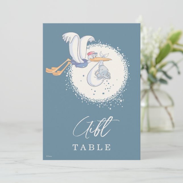 Dumbo & Stork Over the Moon Baby Shower Gift Table Card (Standing Front)