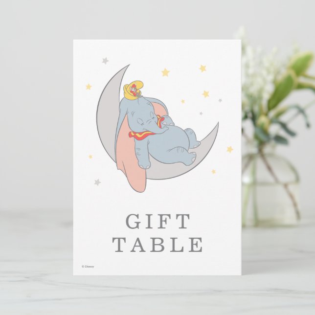 Dumbo & Stork Over the Moon Baby Shower Gift Table Card (Standing Front)
