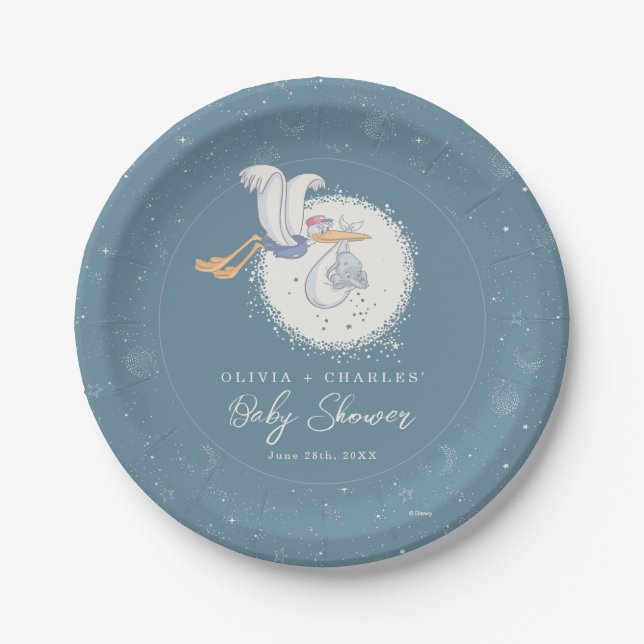Dumbo & Stork | Over the Moon - Boy Baby Shower Paper Plate (Front)