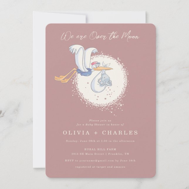 Dumbo & Stork | Over the Moon - Girl Baby Shower Invitation (Front)