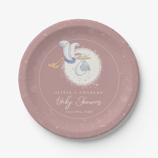Dumbo & Stork | Over the Moon - Girl Baby Shower Paper Plate (Front)