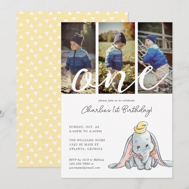 Dumbo Watercolor 1st Birthday | Photo Collage Invitation (Front/Back)