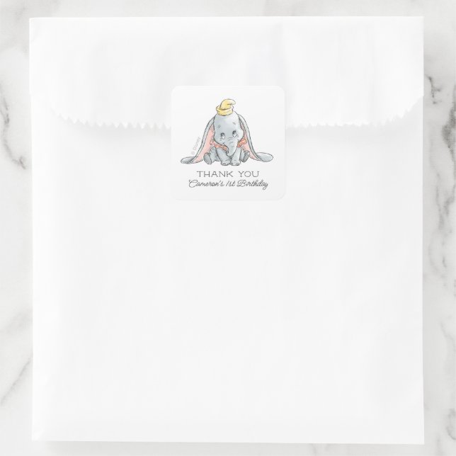 Dumbo Watercolor 1st Birthday - Thank You Square Sticker (Bag)