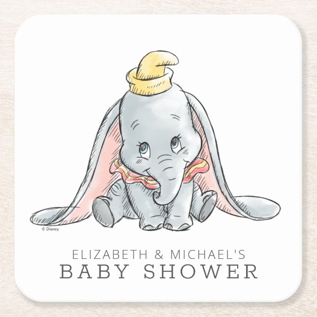 Dumbo Watercolor Baby Shower Square Paper Coaster (Front)