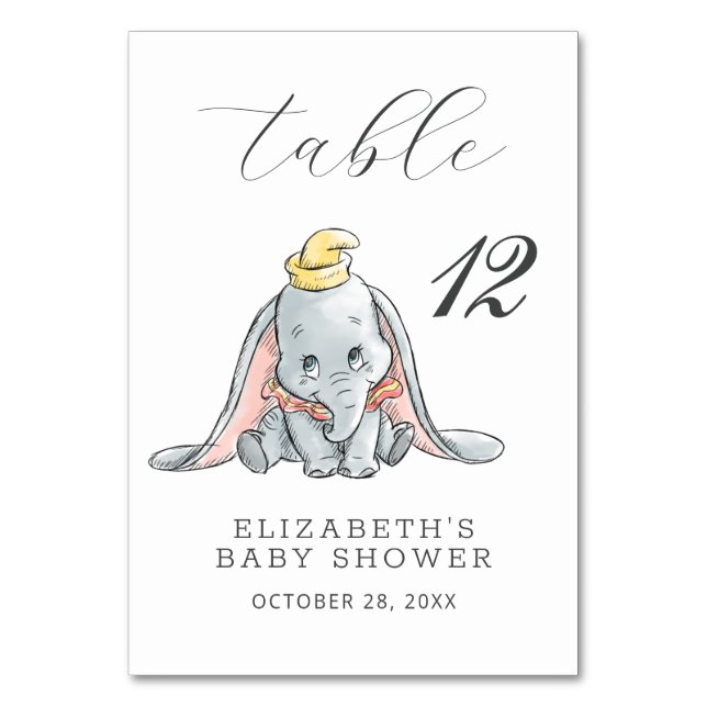 Dumbo Watercolor Baby Shower Table Number (Front)
