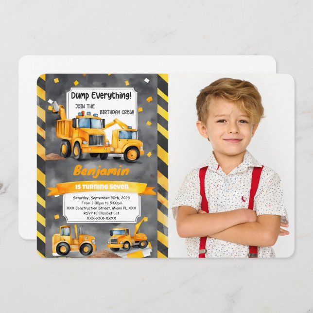 Dump Every Thing it's Construction Birthday Photo Invitation (Front/Back)