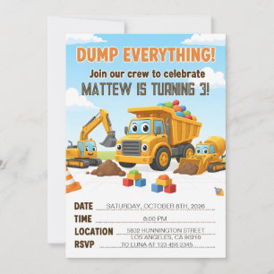 Dump Everything Construction Dump Truck Birthday Invitation