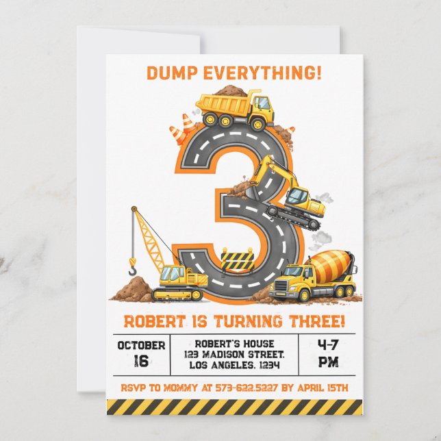 Dump Everything Construction Truck 3rd Birthday Invitation (Front)