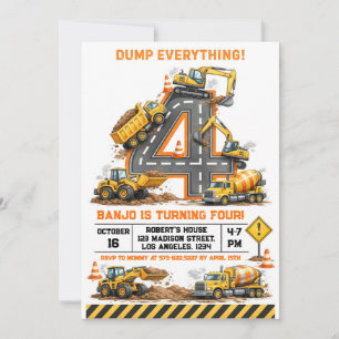 Dump Everything Construction Truck 4th Birthday Invitation