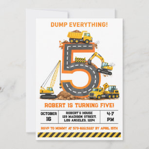 Dump Everything Construction Truck 5th Birthday Invitation