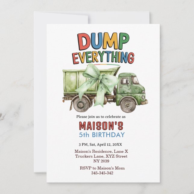Dump Everything Garbage Truck Birthday Invitation  (Front)
