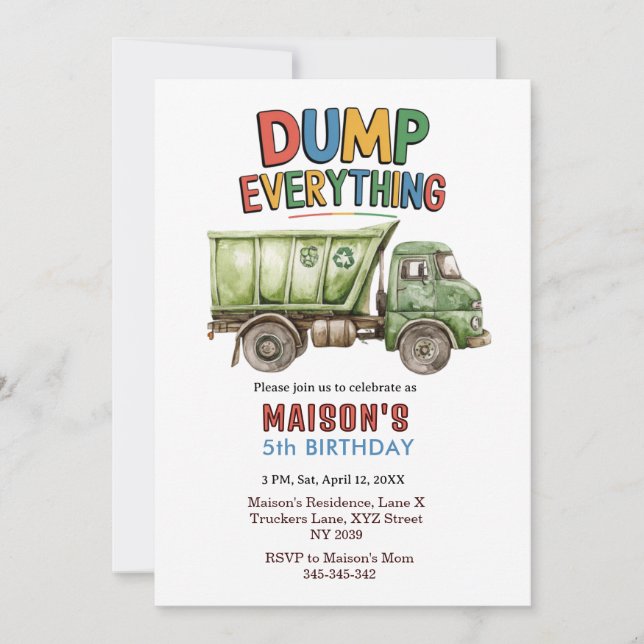 Dump Everything Garbage Truck Birthday Invitation  (Front)