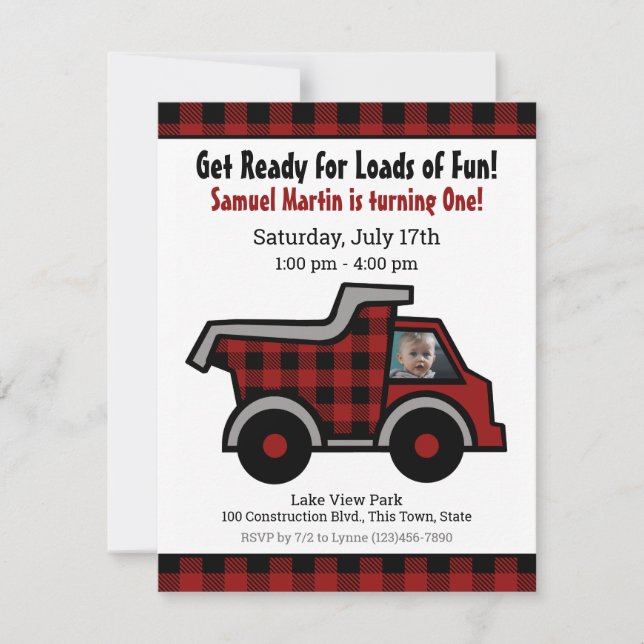 Dump truck Buffalo Plaid Construction Birthday Invitation (Front)