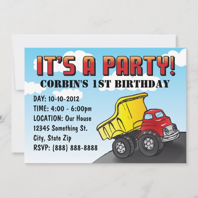 Dump Truck Child's Birthday Invitation (Front)